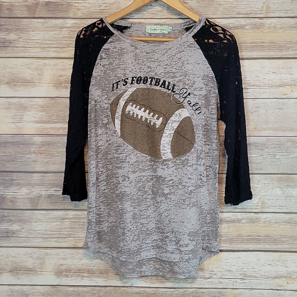 Southern Grace | Grey & Black Lace Burnout Football Tee XL